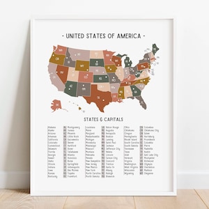 Póster educativo con mapa de EE. UU., mapa neutral de Estados Unidos, geografía de estados y capitales para imprimir, decoración bohemia para el aula, DESCARGA DIGITAL
