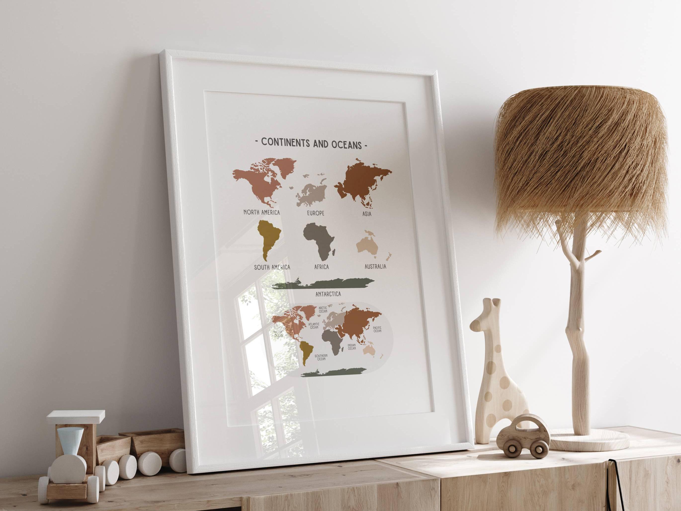Geographically Neutral Neutral Continents Geography Poster, World Map Educational Poster ...