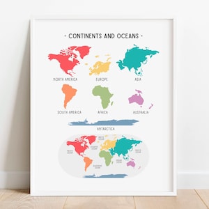 Póster de geografía de los continentes del arco iris, póster educativo del mapa del mundo, imprimible para la educación en el hogar, decoración del aula, impresión para la habitación de los niños, DESCARGA DIGITAL