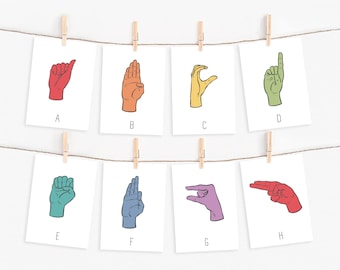 26 Printable Sign Language Alphabet Flashcards, Kids Rainbow Learn to Sign ASL Cards, Montessori Signing ABCs Flashcards, DIGITAL DOWNLOAD