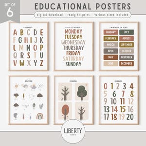 Set mit 6 Lernpostern, neutrale ABC Zahlen Tage Monate Wetter Jahreszeiten Druck, Hausschule zum ausdrucken, Klassenzimmer Dekor, DIGITALER DOWNLOAD
