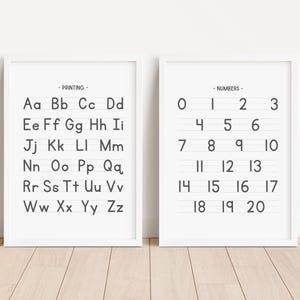 Conjunto de 2 cuadros de escritura a mano, carteles en blanco y negro con números del alfabeto, imprimibles para educación en el hogar, decoración educativa para el aula, DESCARGA DIGITAL
