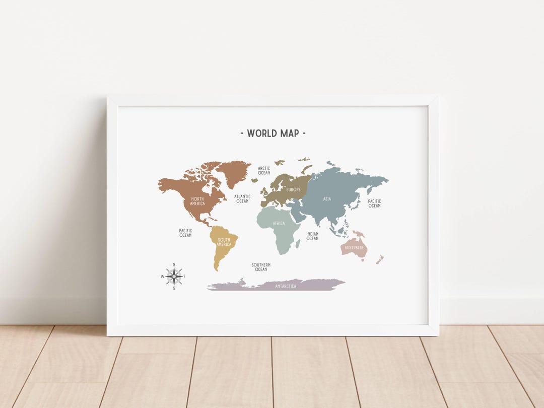 World Map Muted Rainbow Print, Educational Wall Art, Continents ...