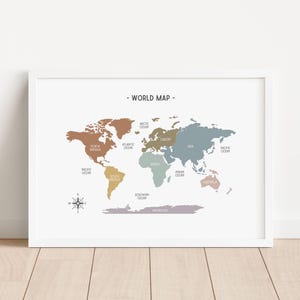 Wereldkaart gedempte regenboog print, educatieve kunst aan de muur, continenten geografie homeschool afdrukbare, klas decor poster, digitale DOWNLOAD