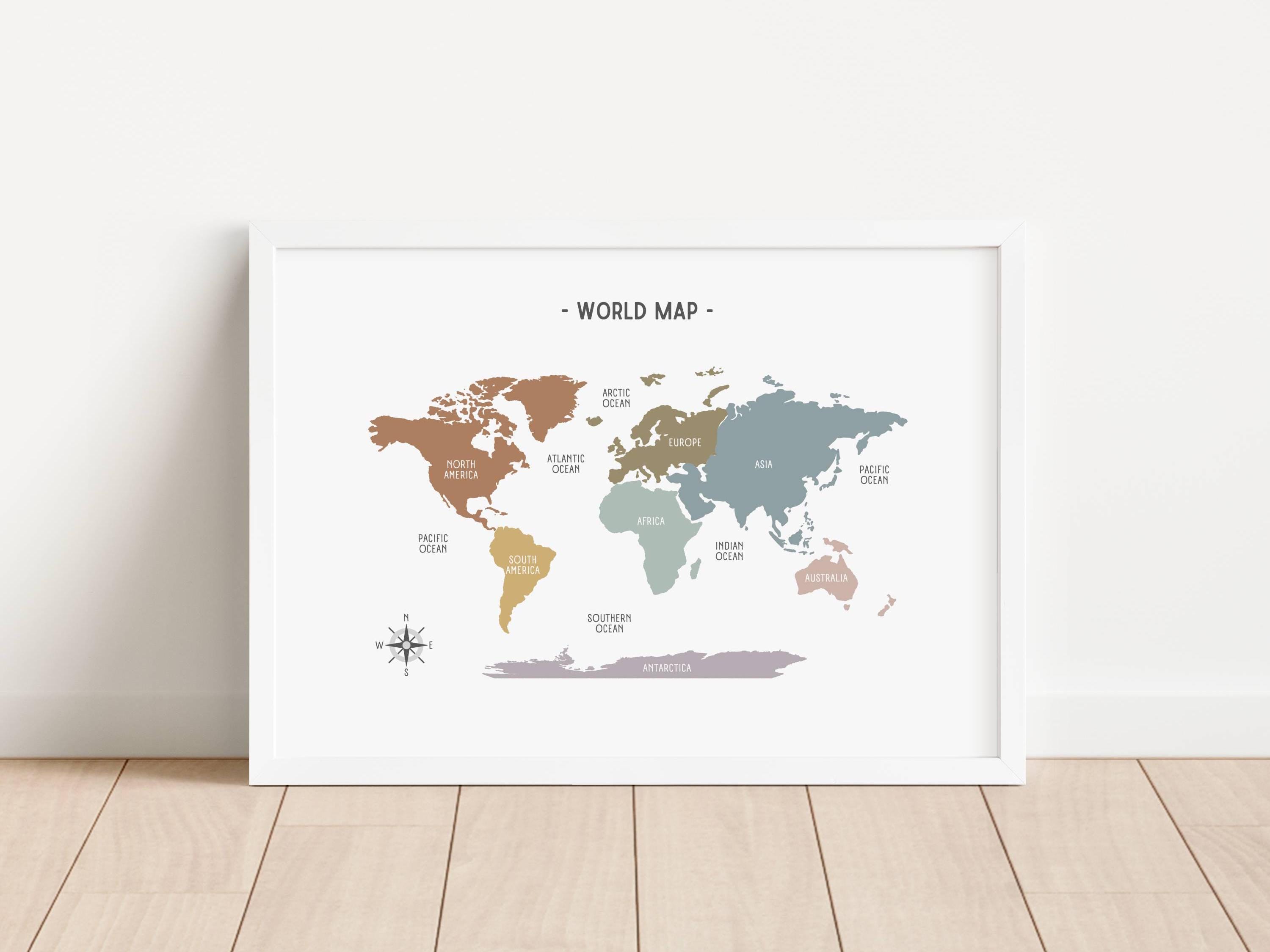 World Map Muted Rainbow Print, Educational Wall Art, Continents ...