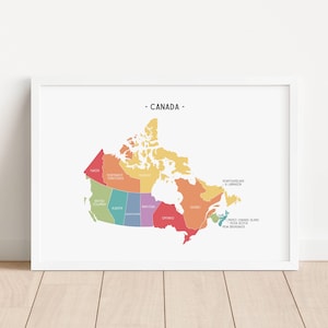 Carte du Canada, impression arc-en-ciel, affiche d'art mural éducative, école à la maison à imprimer, décoration de la salle de classe, impression de chambre d'enfant, TÉLÉCHARGEMENT NUMÉRIQUE