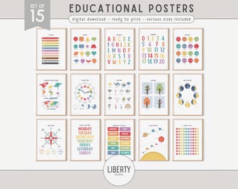 May include: Set of 15 colourful educational posters for children. The posters include alphabet, numbers, days of the week, months of the year, weather, solar system, compass, clock, shapes, colours, and more.