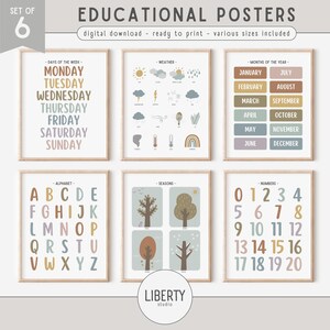 Set van 6 boho-educatieve posters, gedempte regenboog decor voorschoolse klas, homeschool printables, kinderkamer kunst aan de muur wordt afgedrukt, DIGITALE DOWNLOAD