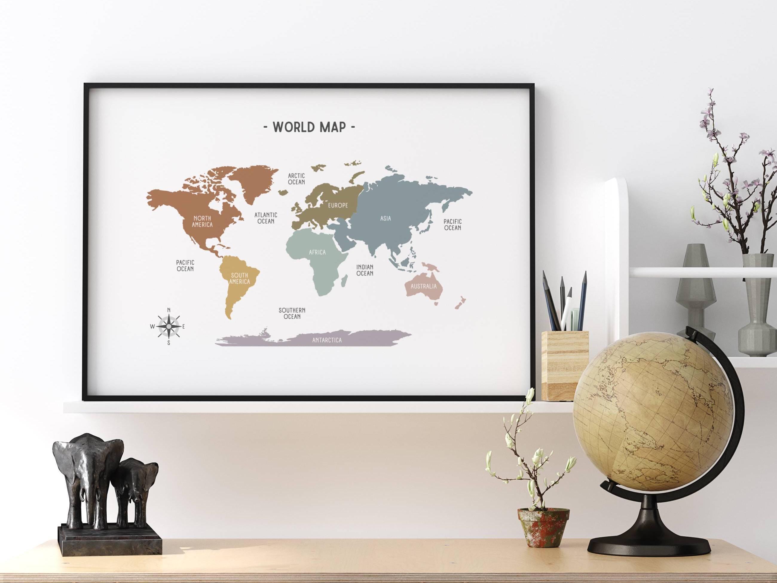 World Map Muted Rainbow Print, Educational Wall Art, Continents ...
