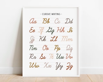 May include: A white printable poster with the title "CURSIVE WRITING" and the alphabet in cursive letters in various colors on a lined background.