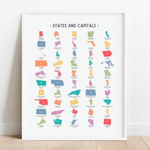 Cartaz educacional do arco-íris do gráfico dos estados dos EUA, geografia dos estados e capitais americanos para impressão, decoração de sala de aula para educação domiciliar, DOWNLOAD DIGITAL