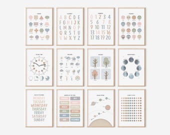 May include: A set of twelve educational posters in wooden frames. The posters feature various learning topics, including shapes, the alphabet, numbers, feelings, telling time, weather, seasons, moon phases, days of the week, months of the year, the solar system, and counting.