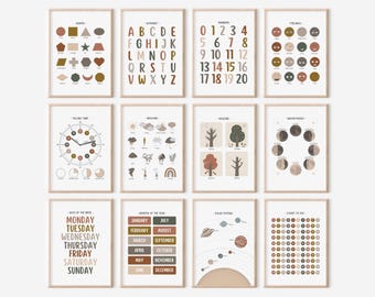 May include: A set of twelve framed educational posters with a neutral color palette. The posters display shapes, the alphabet, numbers, emotions, telling time, weather, seasons, moon phases, days of the week, months of the year, the solar system, and counting to 100.