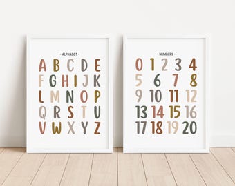 Lot de 2 affiches éducatives neutres alphabet et chiffres, à imprimer pour l'école à la maison, décoration de salle de classe préscolaire, impressions pour chambre d'enfant, téléchargement numérique
