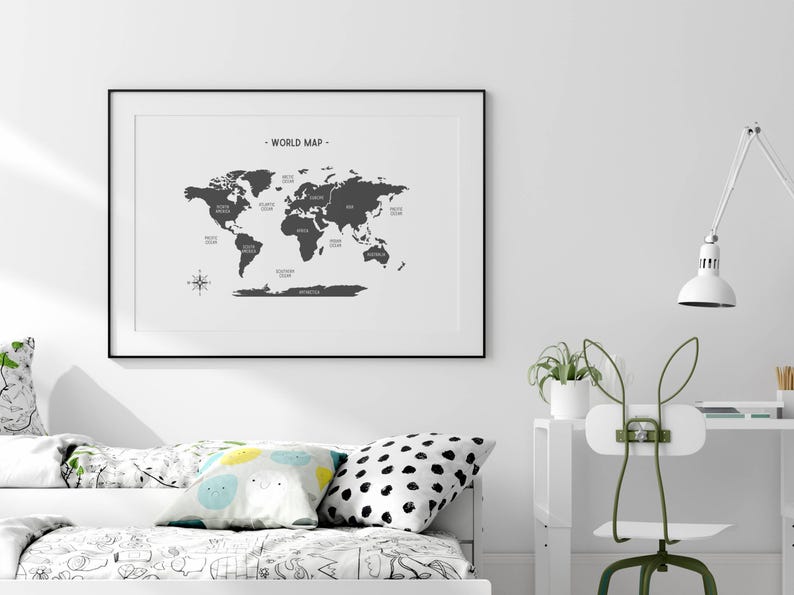 Black and White World Map Poster, Geography Educational Poster ...
