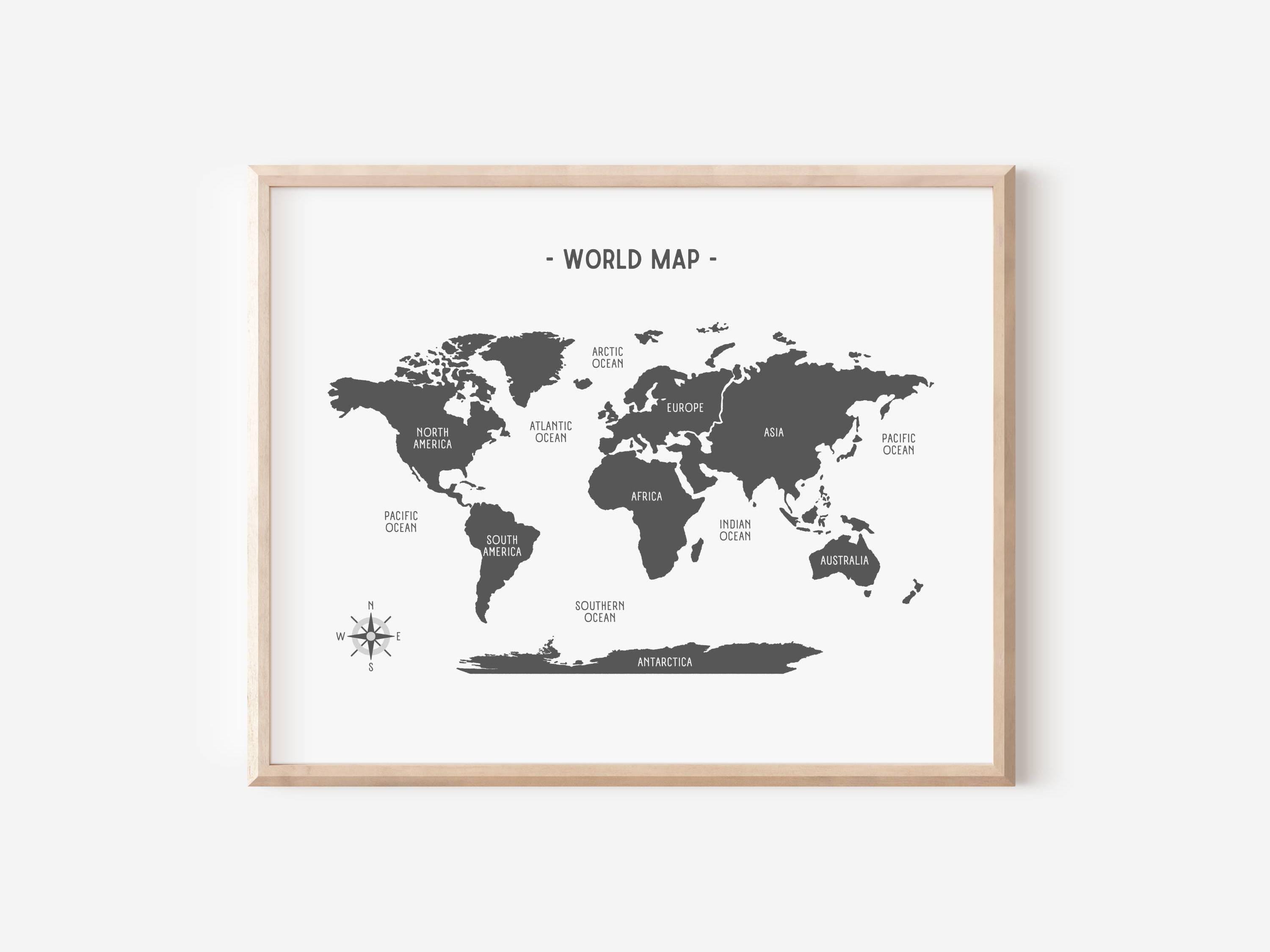 Black and White World Map Poster, Geography Educational Poster ...