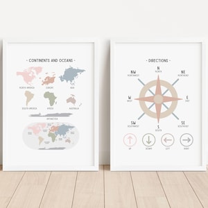Set van 2 pastelkleurige geografie educatieve posters, continenten routebeschrijving wereldkaart homeschool printables, klasdecor, digitale DOWNLOAD