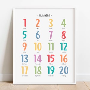 Póster de los números del 1 al 20, póster de matemáticas del arcoíris, tabla de conteo, póster educativo imprimible para la educación en el hogar, decoración del aula con arcoíris, DESCARGA DIGITAL