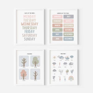 Set van 4 dagen maanden weer seizoenen pastel posters, educatieve kunst aan de muur prints, homeschool afdrukbare, klas decor, digitale download