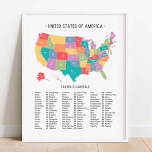 Educatieve poster kaart van de VS, regenboog kaart Verenigde Staten, Homeschool staten en hoofdsteden geografie afdrukbare, klas decor, digitale DOWNLOAD