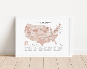 Mapa de Parques Nacionales de Estados Unidos, Póster de Naturaleza en EE. UU., Póster de Aventuras de Senderismo, Decoración de Pared Natural para Guardería, DESCARGA DIGITAL