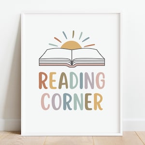 Reading Corner Muted Rainbow Poster, Let&#39;s Read Sign, Kids Reading Nook Playroom Wall Art, Homeschool Boho Classroom Decor, DIGITAL DOWNLOAD