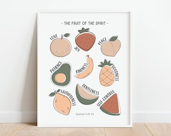 Póster del Fruto del Espíritu, póster cristiano neutral para niños, versículo bíblico imprimible para la educación en casa, decoración para la escuela dominical, descarga digital