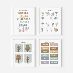 Set van 4 gedempte regenboog kinderkamer decor prints, dagen maanden weer seizoenen educatieve posters, voorschoolse klas decor, digitale download