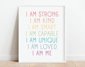 Affirmaties voor kinderen regenboogposter, I am Strong vriendelijk slimme positieve affirmaties, inspirerend klasdecor, digitale DOWNLOAD