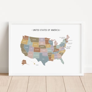 Stampa mappa USA arcobaleno attenuato, arte murale educativa, stampabile di geografia per la scuola materna, poster di arredamento per l'aula, stampe per l'asilo nido, DOWNLOAD DIGITALE