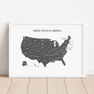 Zwarte kaart poster VS, kaart van de Verenigde Staten van Amerika, educatieve poster geografie, afdrukbare homeschool, klasdecor, digitale DOWNLOAD