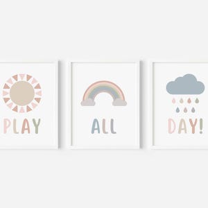 Play All Day Poster Set of 3, Let's Play Nursery Decor, Pastel Playroom Decor, Kid's Room Sun Rainbow Cloud Posters, DIGITAL DOWNLOAD
