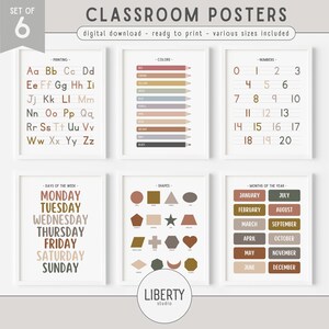 Lot de 6 affiches éducatives bohèmes neutres, décoration de salle de classe préscolaire, affiches imprimables d'école à la maison, impressions Montessori, téléchargement numérique