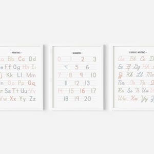 Juego de 3 carteles con números del alfabeto en colores pastel, cuadro de escritura a mano, arte mural educativo, material imprimible para educación en el hogar, decoración del aula, DESCARGA DIGITAL