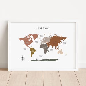 Neutrale wereldkaart print, educatieve kunst aan de muur, geografie homeschool afdrukbare, klas decor poster, boho kinderkamer prints, digitale DOWNLOAD