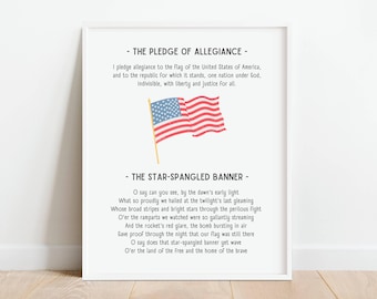 May include: Framed print featuring the text of the Pledge of Allegiance and the Star-Spangled Banner. The image includes a colorful illustration of the American flag waving on a pole, set against a white background.