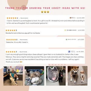 May include: A collage of customer reviews and product photos. The text reads "THANK YOU FOR SHARING YOUR CRAZY IDEAS WITH US!" and includes five-star ratings and positive comments. The product photos show custom pet pillows.