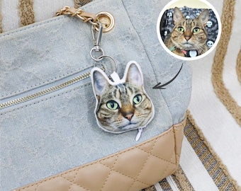 May include: A light blue denim handbag with a brown quilted bottom. A keychain with a cat's face is attached to the bag. The keychain is a plush fabric with a photo of a tabby cat with green eyes.