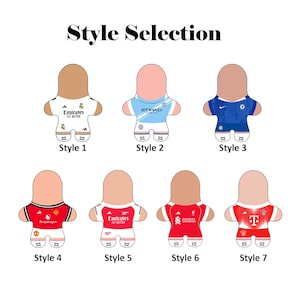May include: A selection of seven jersey-shaped plush toys, each representing a different soccer team. The jerseys are white, blue, red, and black, with team logos and sponsor names. The text "Style Selection" is at the top.