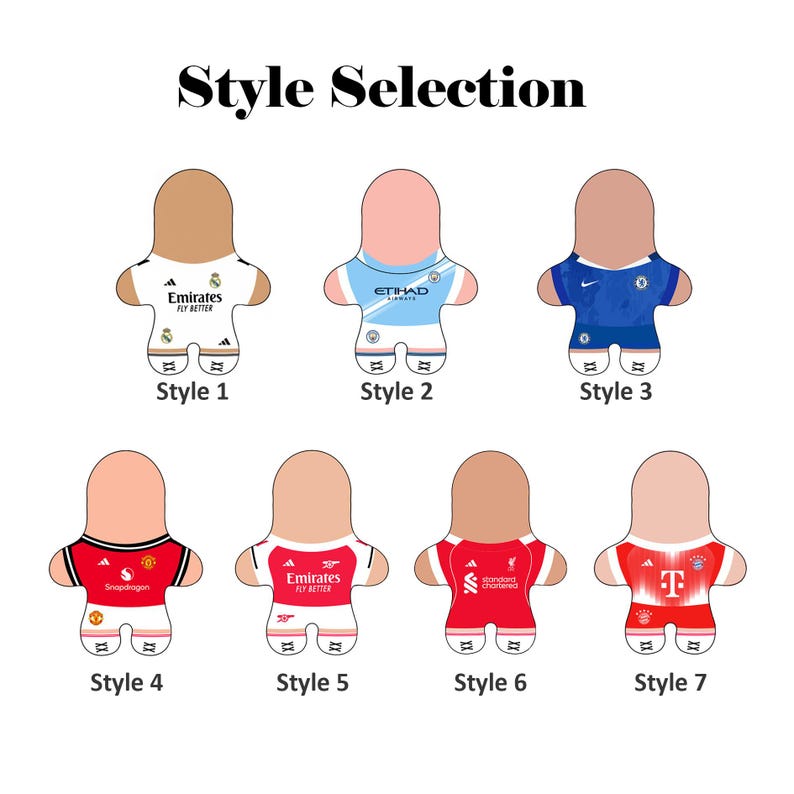 May include: A selection of seven jersey-shaped plush toys, each representing a different soccer team. The jerseys are white, blue, red, and black, with team logos and sponsor names. The text "Style Selection" is at the top.