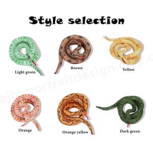 May include: A selection of plush snake toys in various colors, including light green, brown, yellow, orange, orange yellow, and dark green. Each snake is coiled and features a red tongue. The text "Style selection" is at the top.