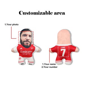 May include: Two plush dolls in the shape of a person wearing a red and white soccer jersey. One doll has a face printed on it, the other has the name "LUKE" and the number "7" on the back. The text "Customizable area" is at the top.