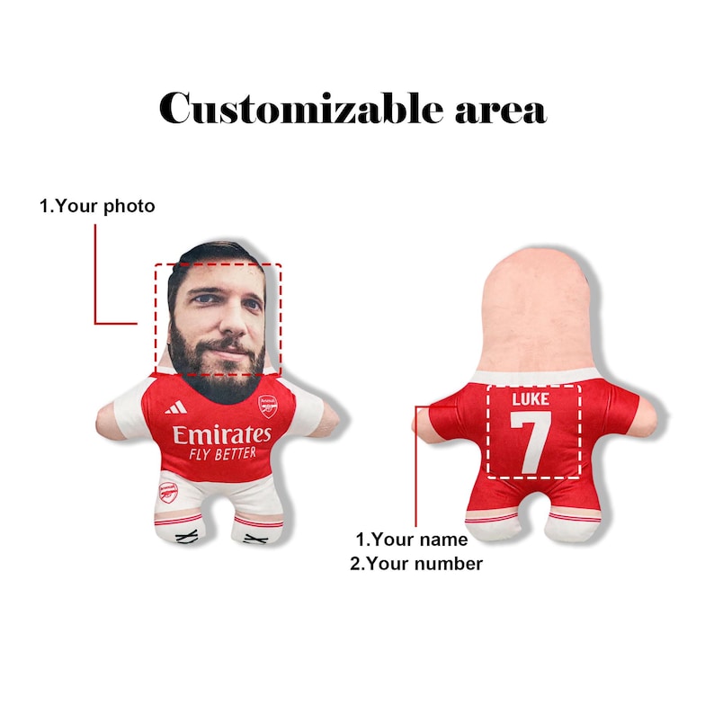 May include: Two plush dolls in the shape of a person wearing a red and white soccer jersey. One doll has a face printed on it, the other has the name "LUKE" and the number "7" on the back. The text "Customizable area" is at the top.