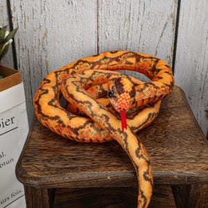 May include: A plush snake toy in shades of orange and brown, coiled on a wooden surface. The snake has black eyes and a red tongue. The toy is designed to resemble a real snake.