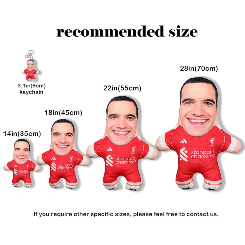 May include: A collection of plush dolls and a keychain featuring a smiling face, wearing a red jersey with white accents. Sizes range from a 3.1-inch keychain to a 28-inch doll. The text "recommended size" is at the top.