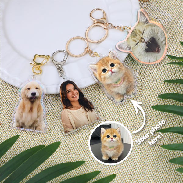 Custom Pet Photo Keychain: Rainbow Effect Acrylic Pet Portrait