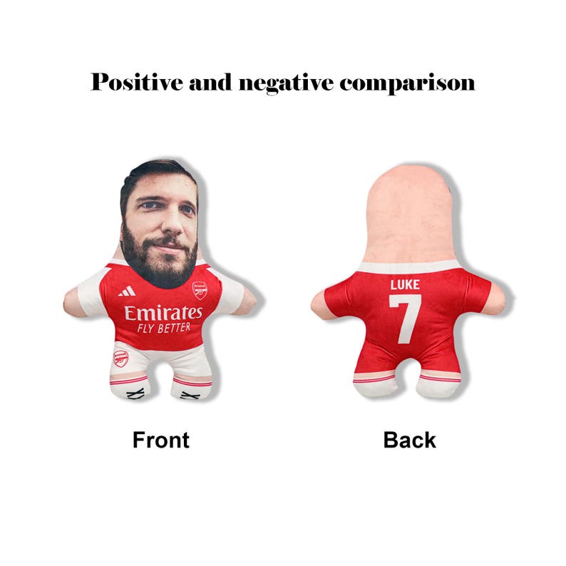 May include: Two plush dolls, one showing the front and back of a soccer player. The front doll has a photo of a man's face and wears a red and white jersey with the Emirates logo. The back doll has a red jersey with the name "LUKE" and the number "7". The text "Positive and negative comparison" is above the dolls.