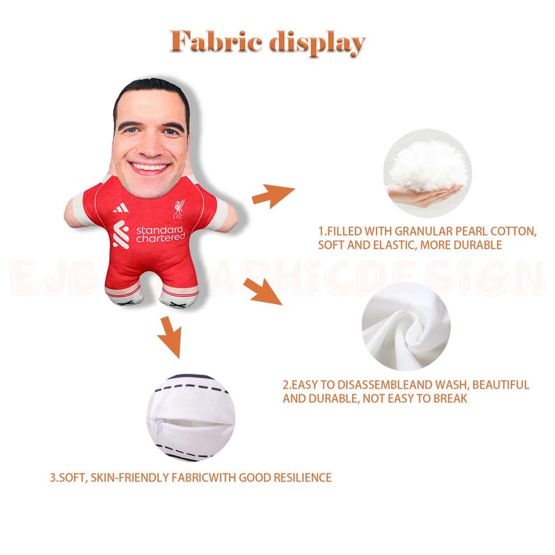May include: A plush doll with a smiling face and a red soccer jersey. The jersey has white accents and the text "standard chartered". The image also shows the doll's filling, fabric, and a description of the materials.