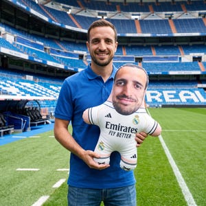 May include: A man in a blue polo shirt holds a plush doll in the shape of a person wearing a white soccer jersey with the Emirates Fly Better logo. The background is a soccer stadium.