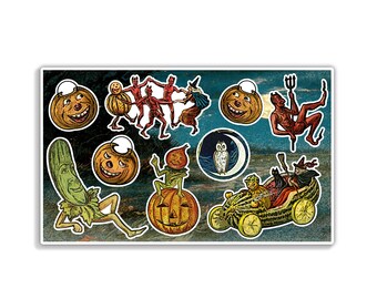 Victorian Style Witch Devil Vegetables Jack-o'-Lantern Journal Decal Sticker Sheet